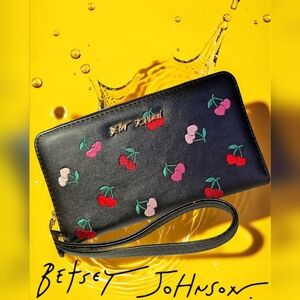 NEW Betsey Johnson Black & Cherries Embroidered Wallet Wristlet Zip Around NWT